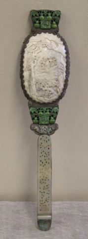 Appraisal: Asian Silver and Jade Hand Mirror Consists of a carved