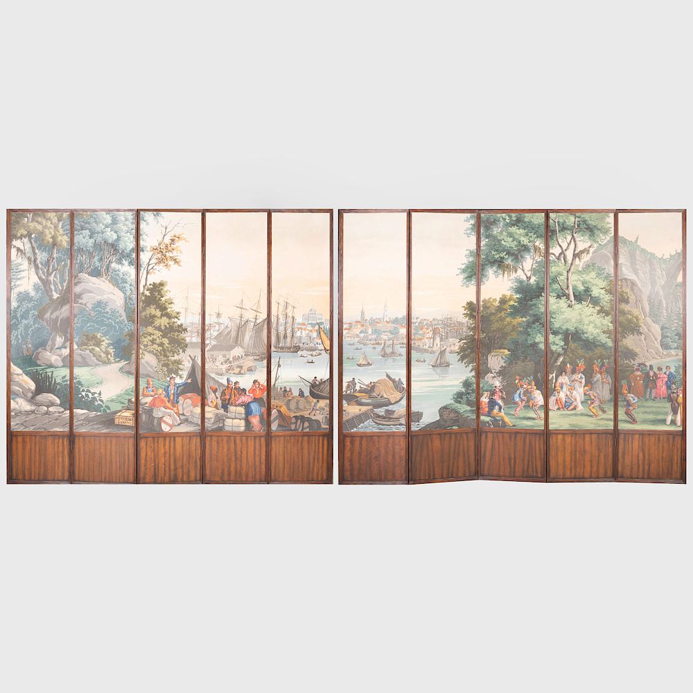 Appraisal: Zuber Mahogany Ten Panel Screen with Panoramic Boston Harbor Scenic