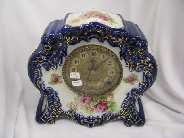 Appraisal: Gilbert Victorian Porcelain Cased Mantle Clock cobalt rose decor working