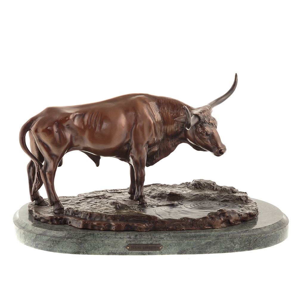 Appraisal: Bronze Texas Longhorn Modeled as steer at watering hole signed