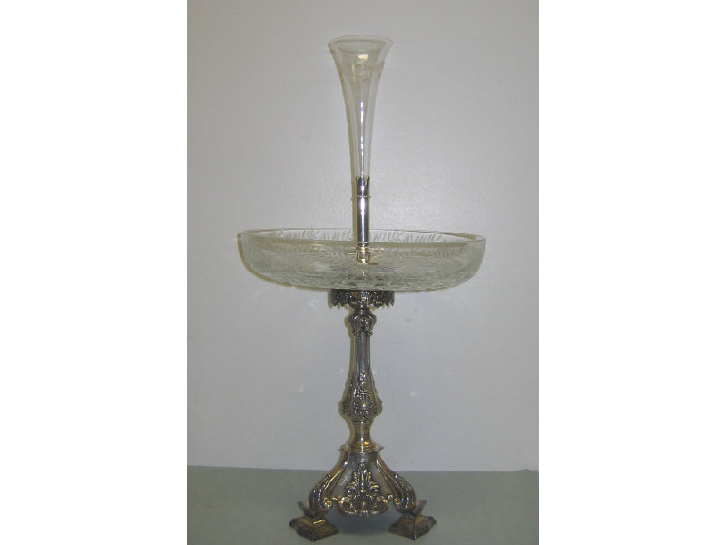 Appraisal: CONTINENTAL PLATED SILVER AND GLASS EPERGNE Classical style baluster form