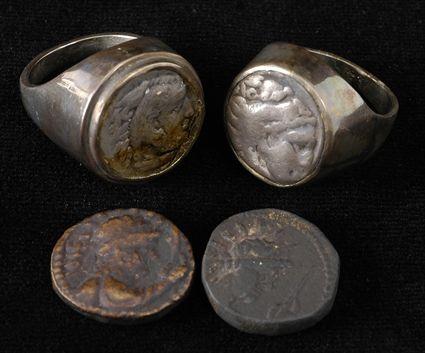 Appraisal: Two Coins together with Two Rings Set with Greek Alexander