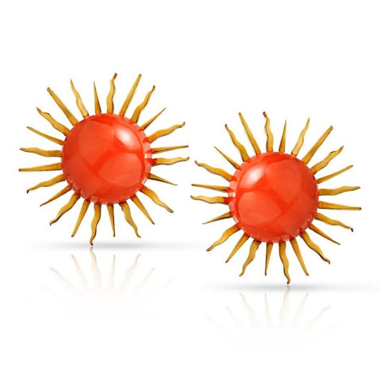 Appraisal: K YELLOW GOLD ROUND ORANGE CORAL SUNBURST SUNSHI These gorgeous