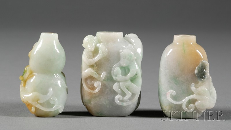 Appraisal: Three Jade Snuff Bottles pale lavender-gray stone with green markings