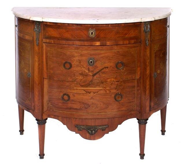 Appraisal: A FRENCH DEMI LUNE WALNUT AND MARQUETRY COMMODE with white