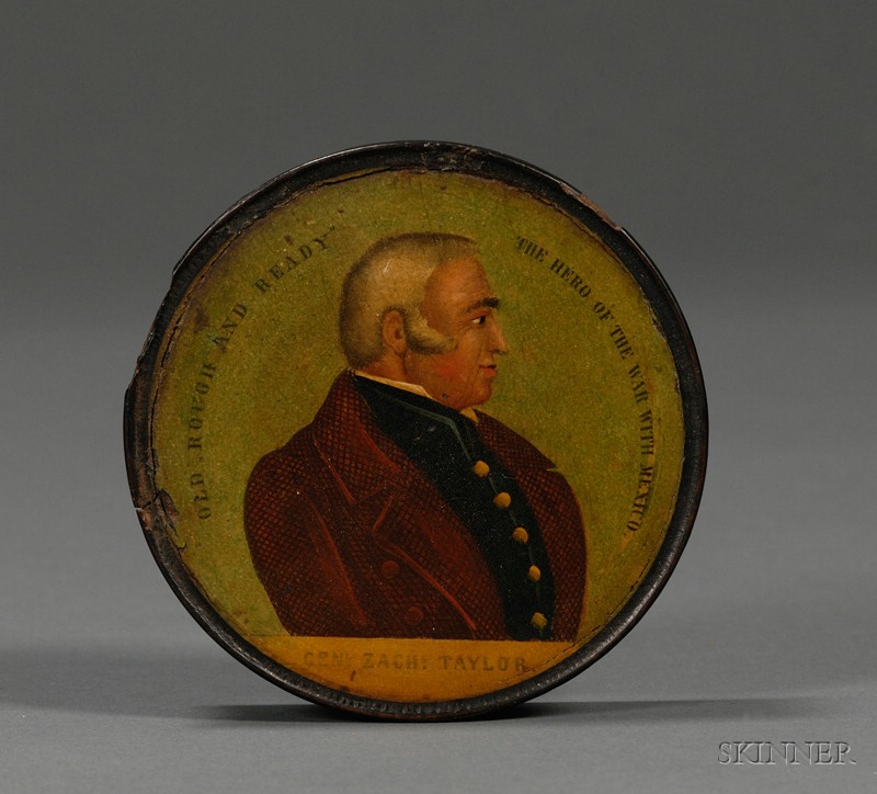 Appraisal: Lacquered Papier-mache Zachary Taylor Campaign Snuff Box c polychrome profile