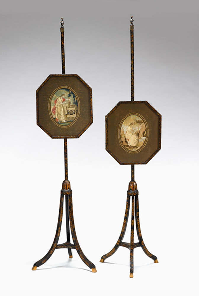 Appraisal: Pair of Regency japanned pole screens Each with a silk