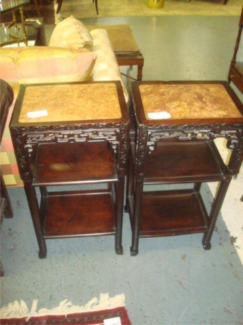 Appraisal: Asian Hardwood Marbletop Pieces pair of pedestals along with a