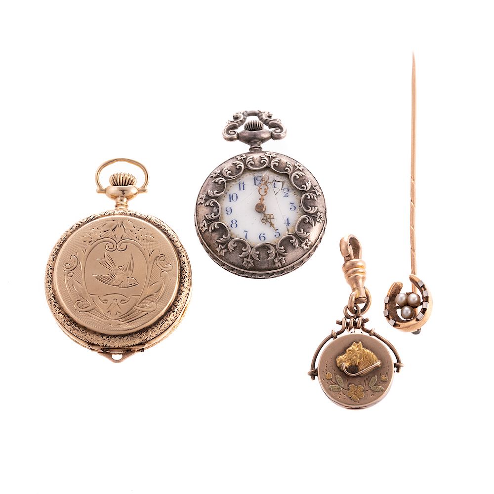 Appraisal: A Bag of Pocket Watches Lockets Stick Pins K yellow