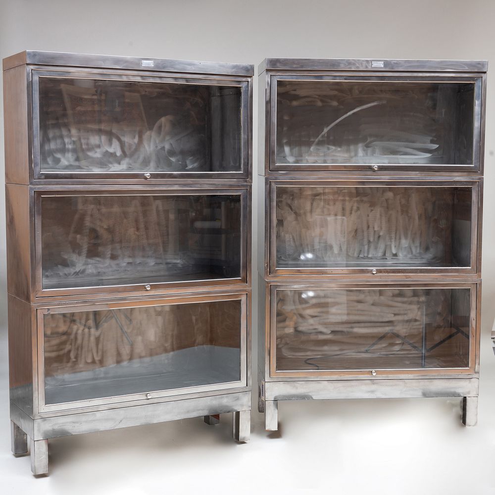 Appraisal: Pair of Brushed Metal Barrister Bookcases Each in three sections