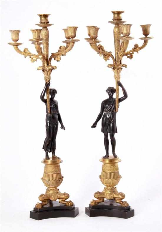 Appraisal: Pair French Empire style parcel-gilt candelabra th century Classical figure