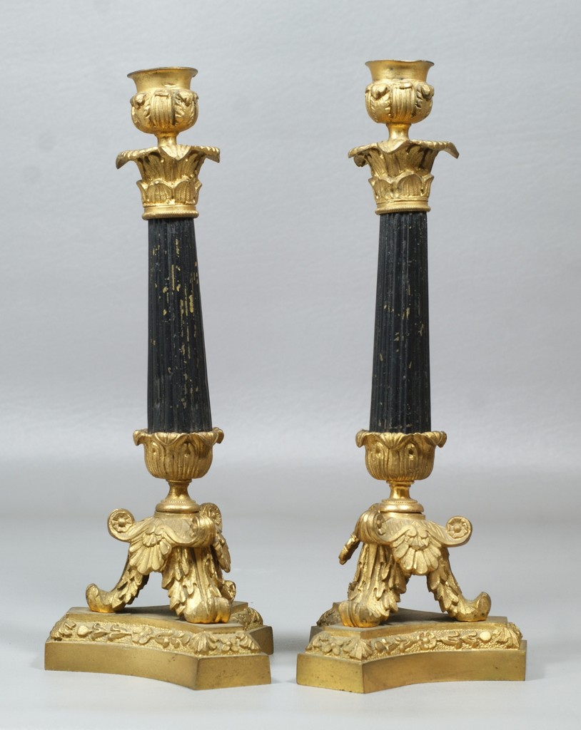 Appraisal: Pr painted and gilt bronze French candlesticks tripartite bases ta