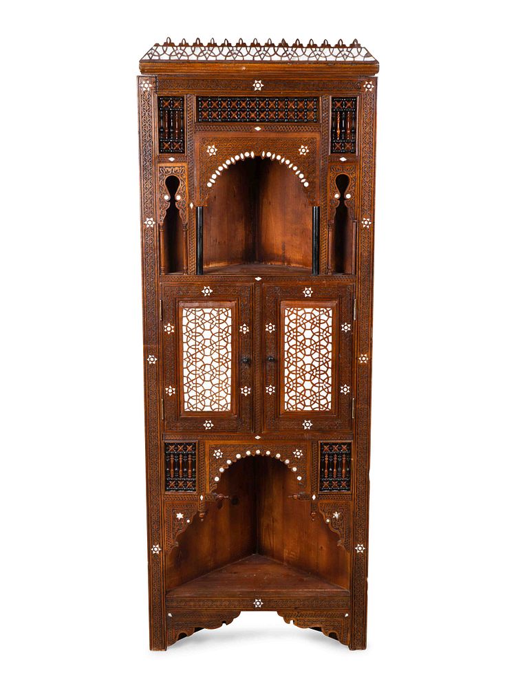 Appraisal: A Syrian Inlaid and Carved Wood Corner Cabinet Height x