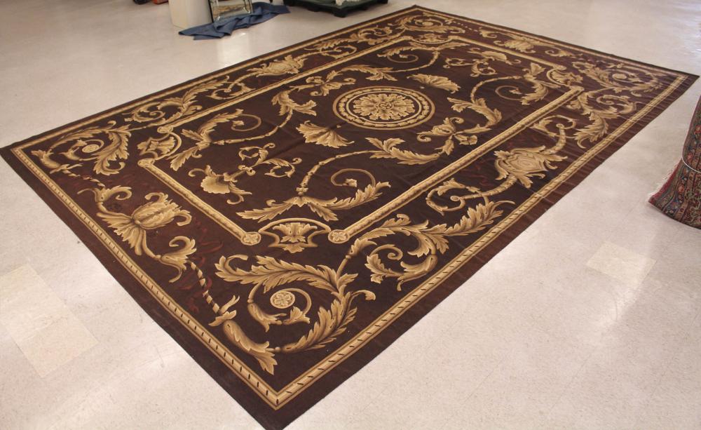 Appraisal: HAND WOVEN NEEDLEPOINT CARPET French Aubusson design central medallion and