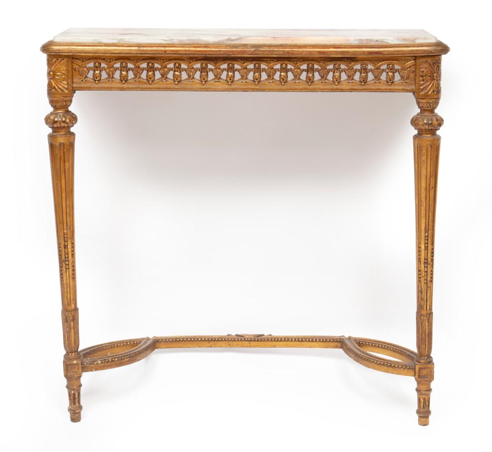 Appraisal: Louis XVI-Style Diminutive Giltwood Console variegated rose marble top floral