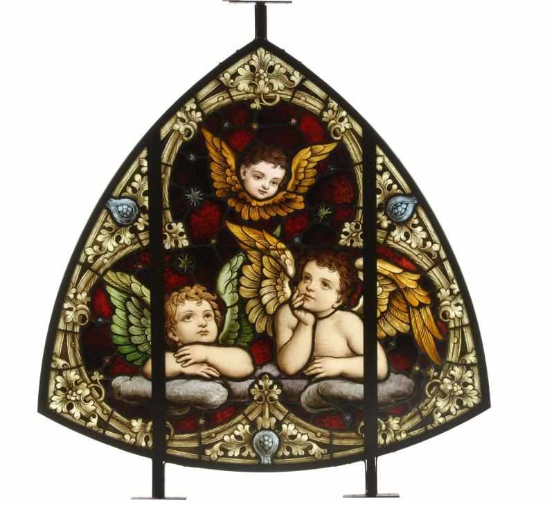 Appraisal: Stained Glass Window with Cherub Description Circa Framed Wonderful detail