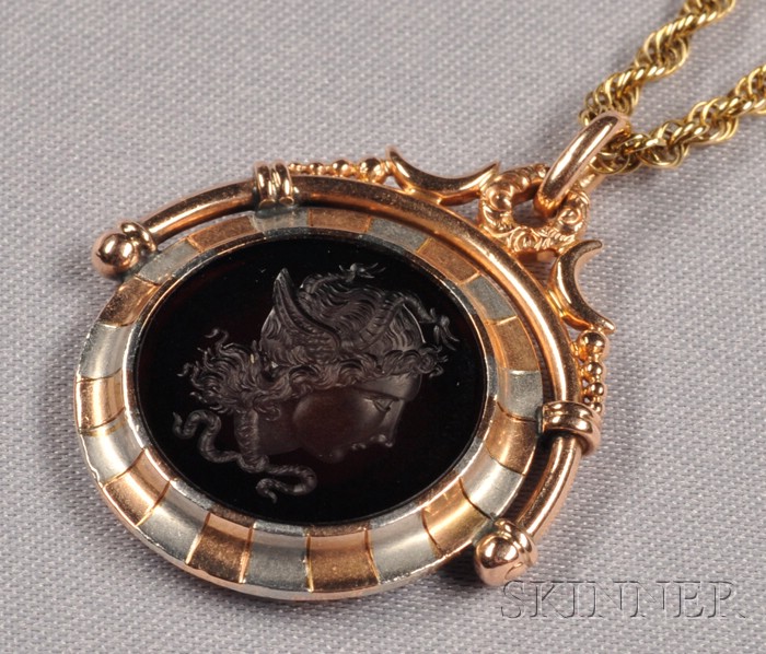 Appraisal: Antique Hardstone Intaglio Pendant Fob depicting the gorgon Medusa platinum