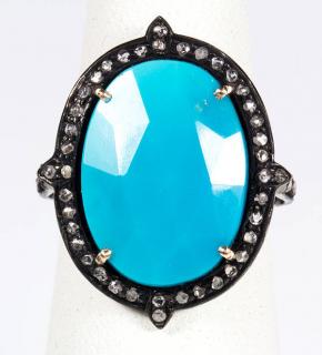 Appraisal: Turquoise diamond and sterling silver ring Turquoise diamond and sterling