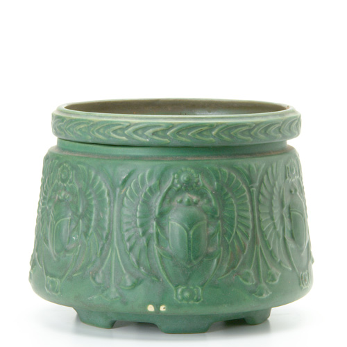 Appraisal: ROSEVILLE Matt Green jardiniere and liner embossed with scarabs Small