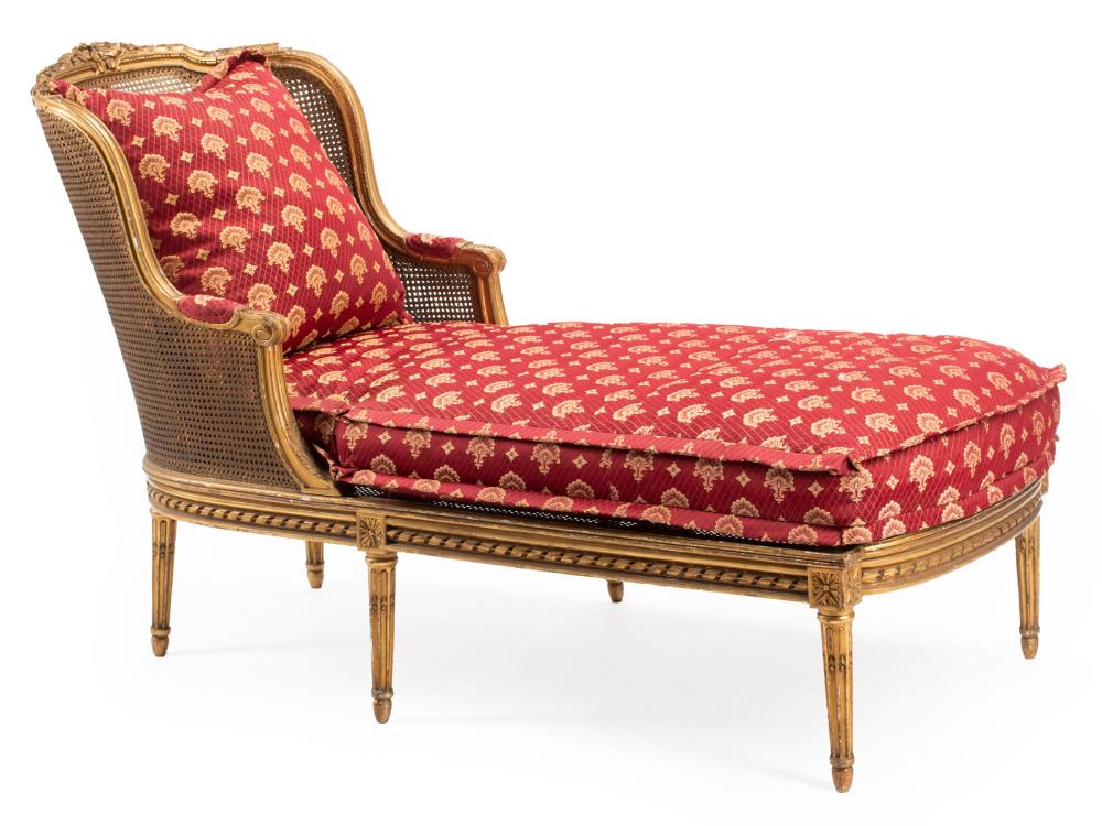 Appraisal: Antique Louis XV-Style Giltwood Chaise Longue caned back floral crest