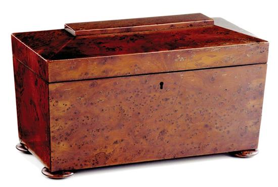 Appraisal: English burl walnut tea caddy th century casket form with