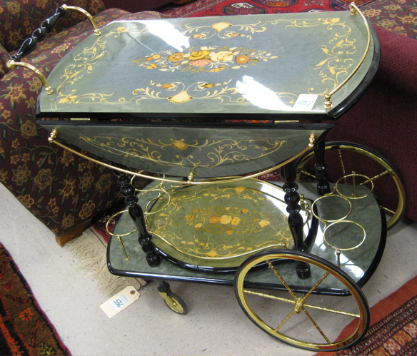 Appraisal: INLAID SERVING CART AND MATCHING MUSIC BOX JEWELRY TABLE Italian