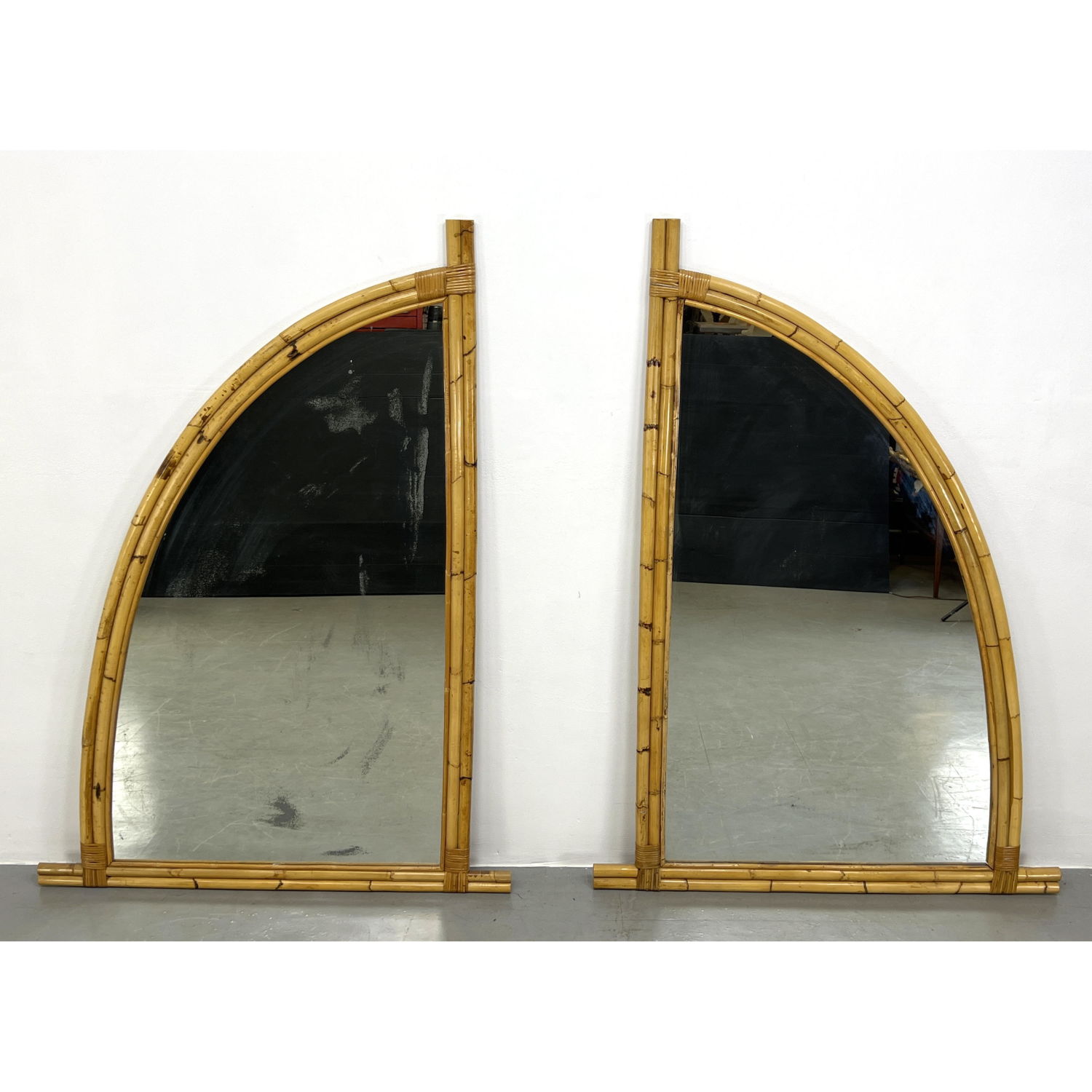 Appraisal: Pair inch Bamboo Framed Wall Mirrors Arched Rattan Mirrors Opposing