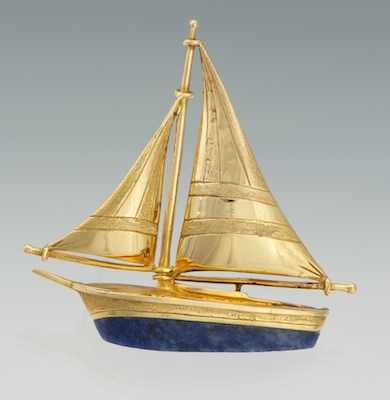 Appraisal: A Greek k Gold and Lapis Sail Boat Brooch k