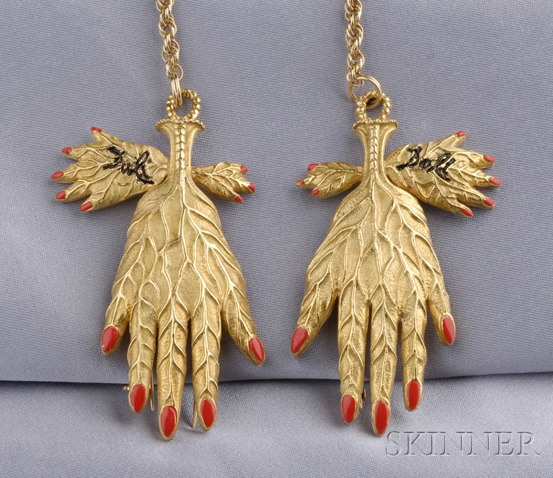 Appraisal: Pair of Artist-Designed kt Gold and Enamel Leaf Vein Hand