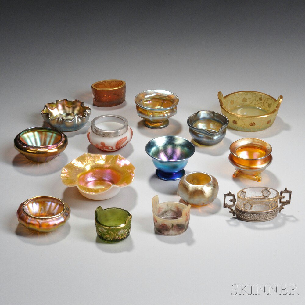 Appraisal: Collection of Fifteen Art Glass Salt Cellars Art glass sterling