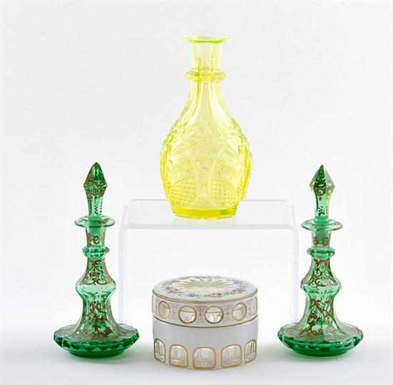 Appraisal: Pair perfume bottles enameled dresser jar and uranium glass vase