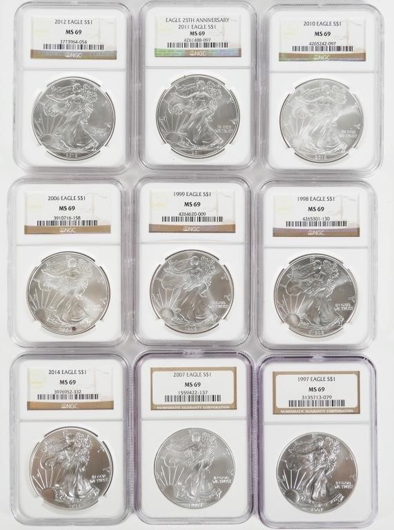 Appraisal: Nine NGC MS Silver Eagles from to including a th