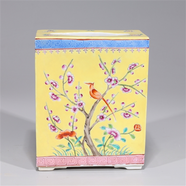 Appraisal: Chinese famille rose enameled porcelain yellow ground rectangle vase with