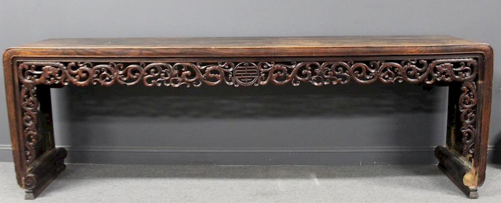 Appraisal: Chinese Hardwood Scroll-Form Altar Table A long rectangular top dovetailed