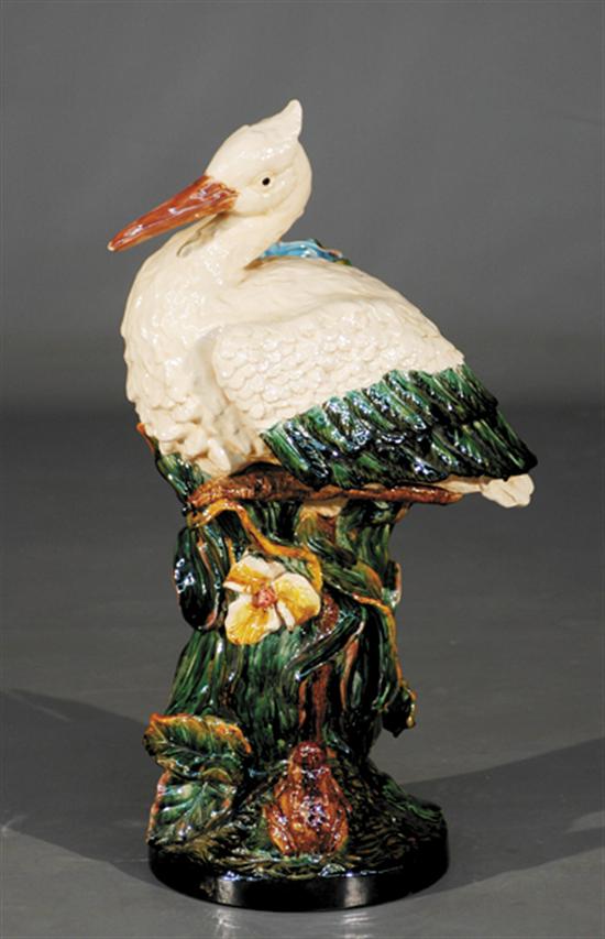 Appraisal: Majolica stork-form umbrella stand painted in vibrant colors H