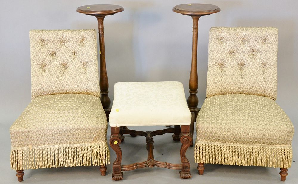 Appraisal: Five piece lot to include pair of silk upholstered slipper