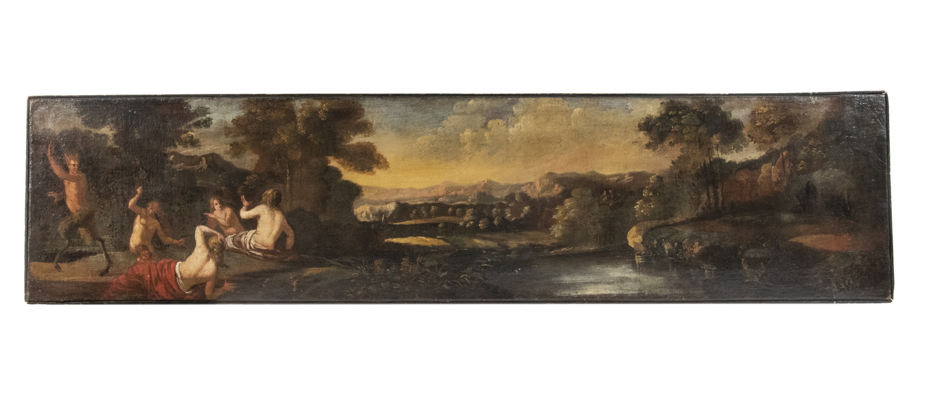 Appraisal: TH C ITALIAN PAINTING OF NUDES SATYR IN LANDSCAPE Four