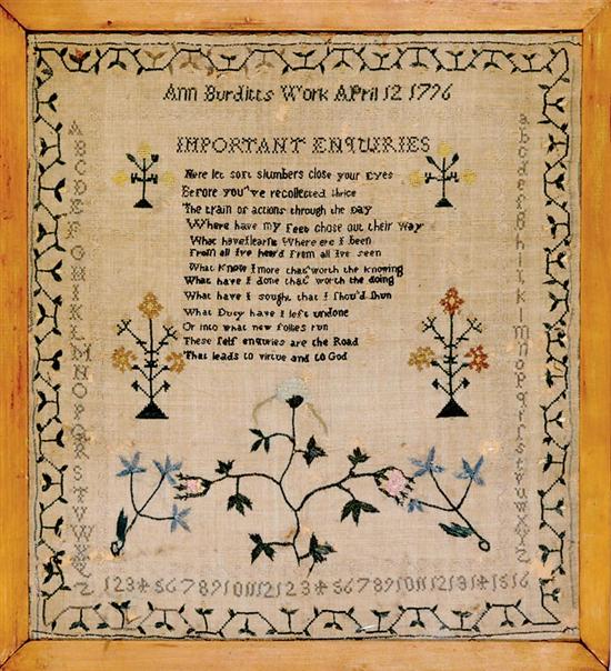 Appraisal: Framed needlework sampler worked by Ann Burditts dated April Massachusetts