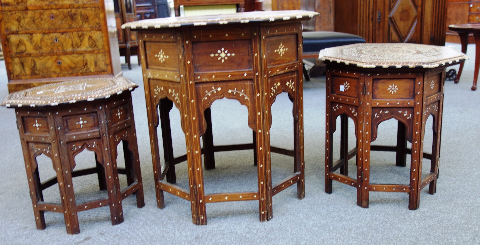 Appraisal: Three late th century Indian bone inlaid octagonal occasional tables