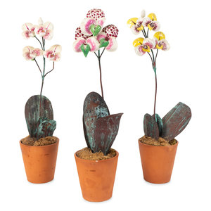 Appraisal: Three French Enameled Metal Potted Orchids Heights inches The Estate