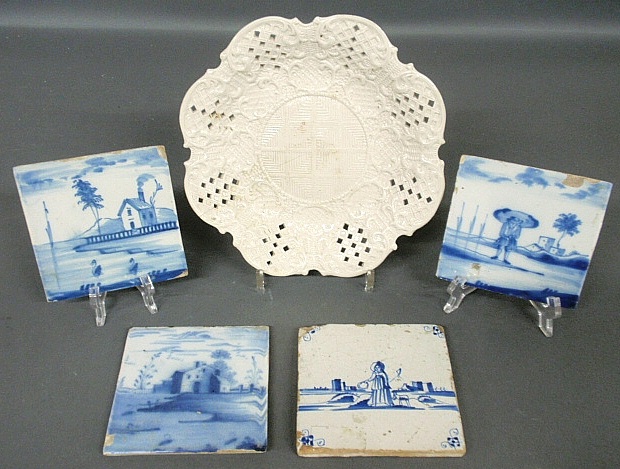 Appraisal: - Three blue and white Liverpool Delft tiles x another