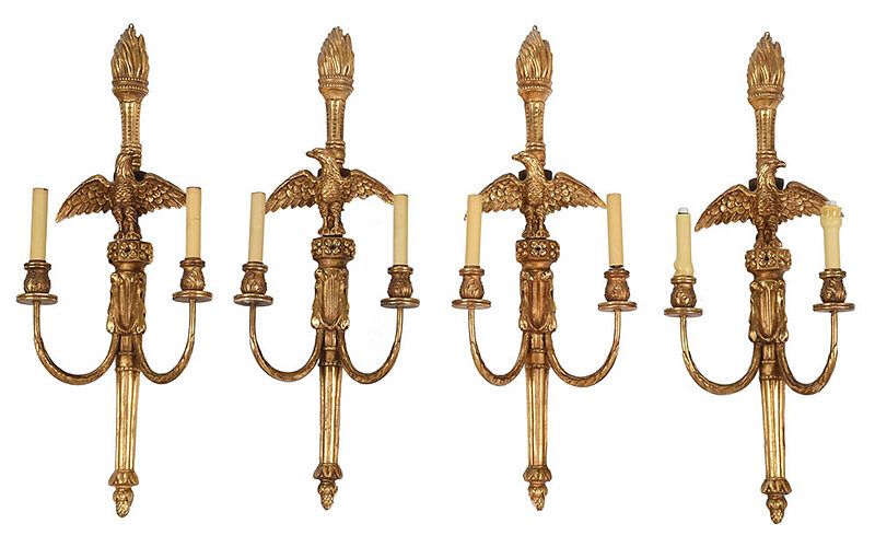 Appraisal: Four Federal Style Gilt Eagle Two Arm Sconces probably Continental