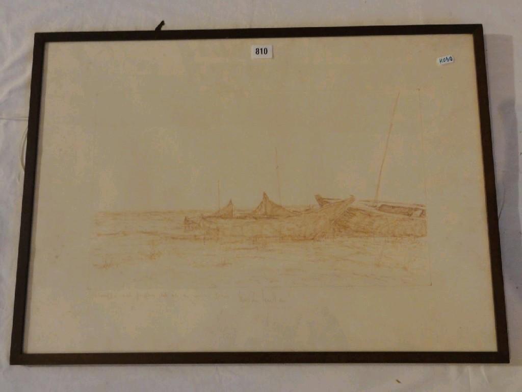 Appraisal: A sepia coloured drawing of a coastal scene with beached