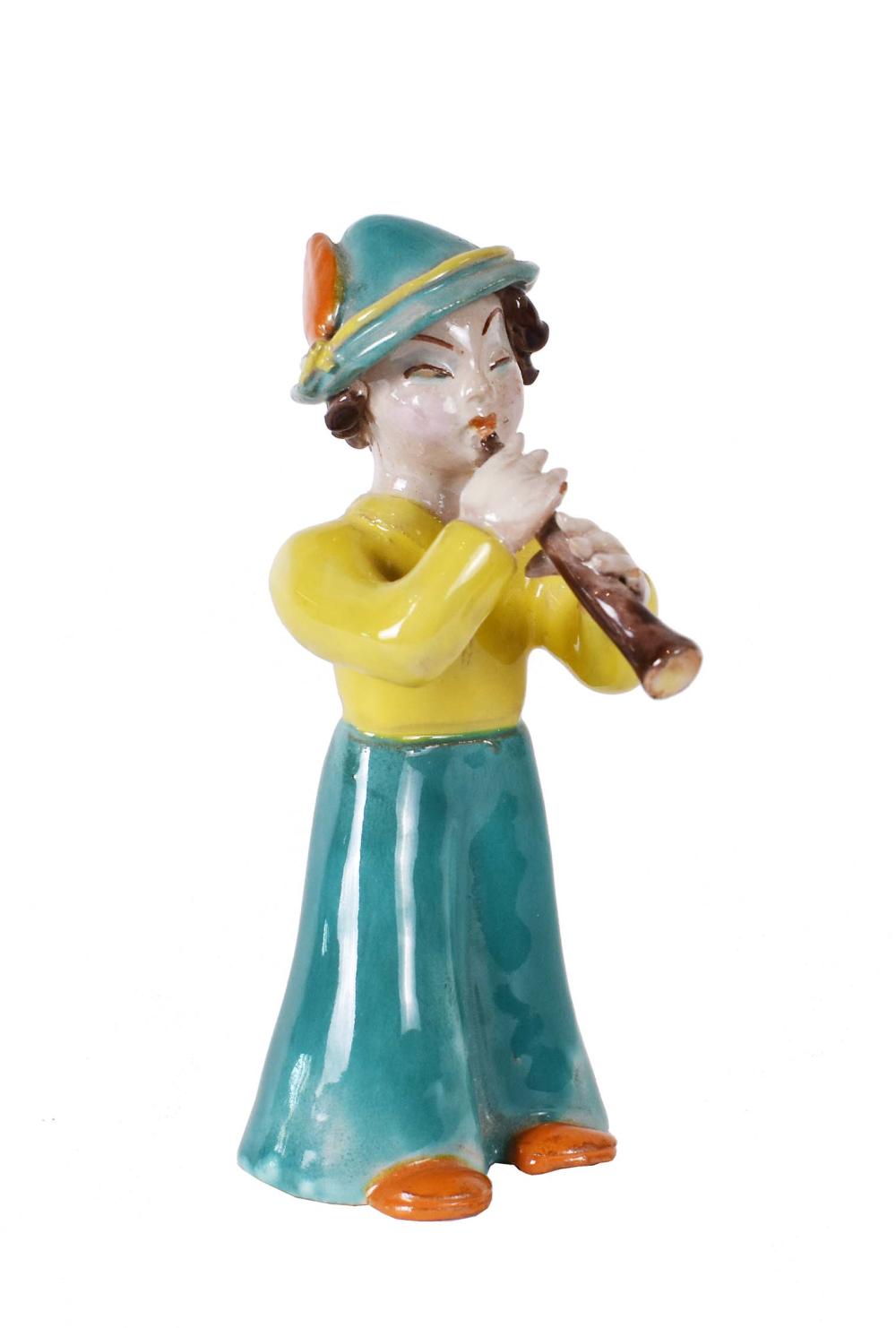 Appraisal: MARIA RAHMER CERAMIC FIGURE OF A BOY AND FLUTEHungarian -