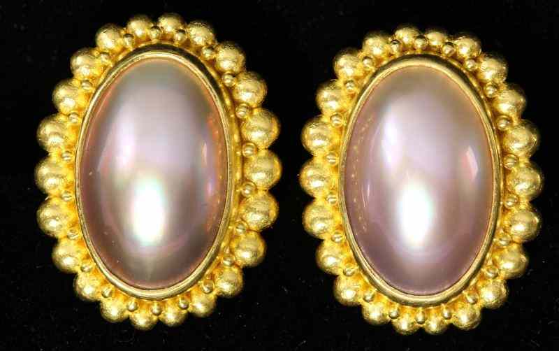 Appraisal: Gold and Mabe Pearl Earclipsartist signed ''Tomi'' each designed with