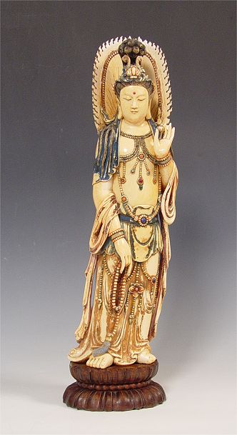 Appraisal: A GRAND CARVED AND PAINTED IVORY QUAN YIN STATUE Set