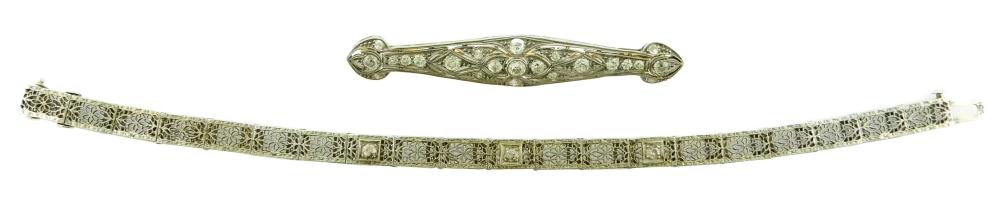 Appraisal: JEWELRY Edwardian Diamond Pin and Bracelet filigree bar pin tests