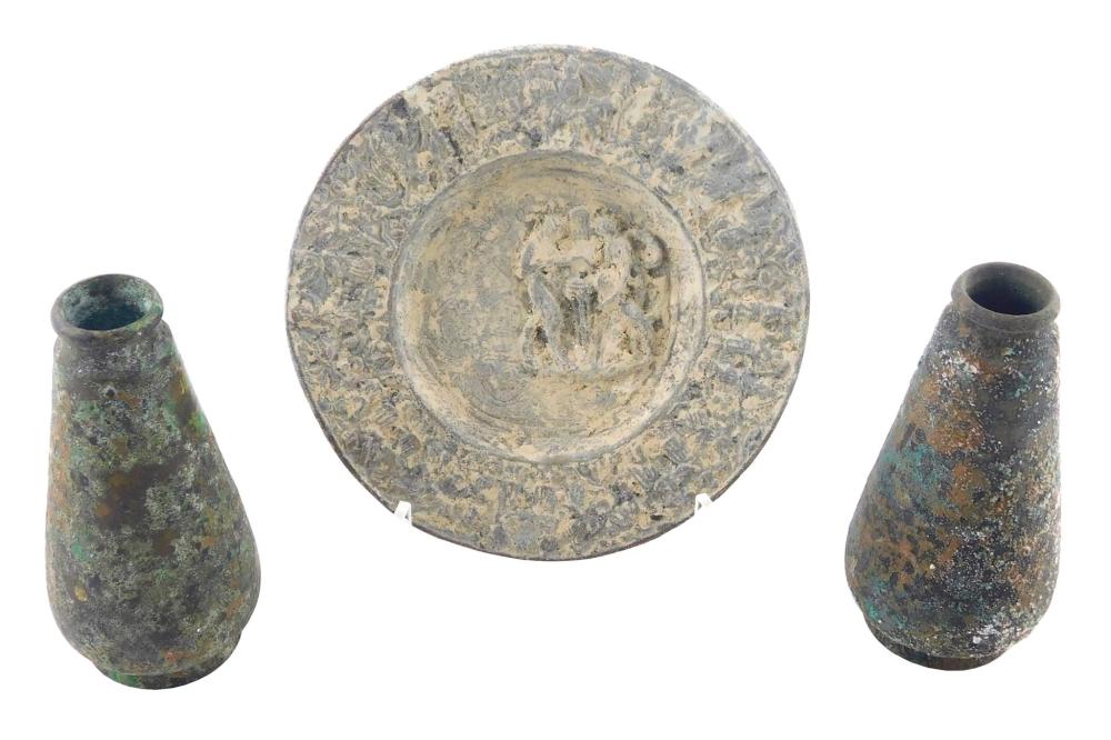 Appraisal: ANTIQUITY Two metal vessels likely Roman and a metal plate