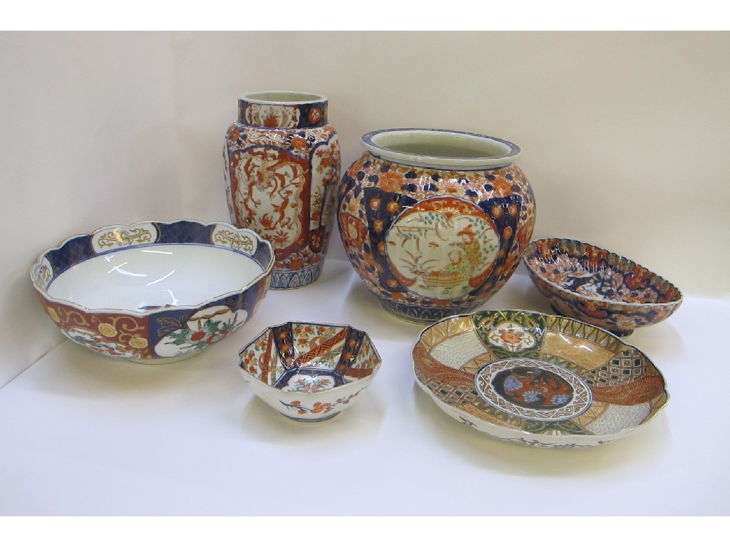 Appraisal: Six pieces of Imari pottery to include vase jardiniere bowls