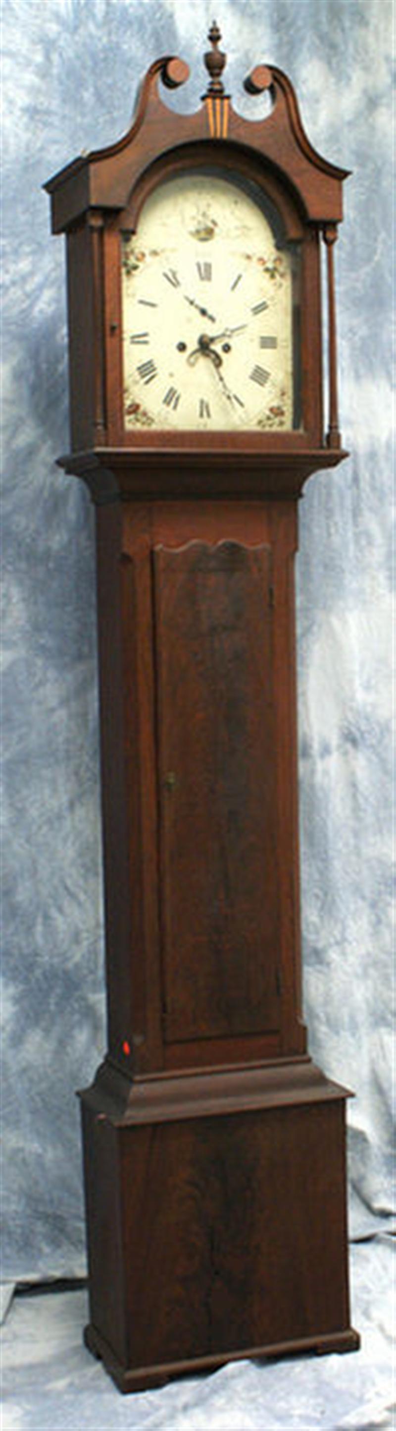 Appraisal: Walnut Federal American tall clock inlaid scroll top painted dial